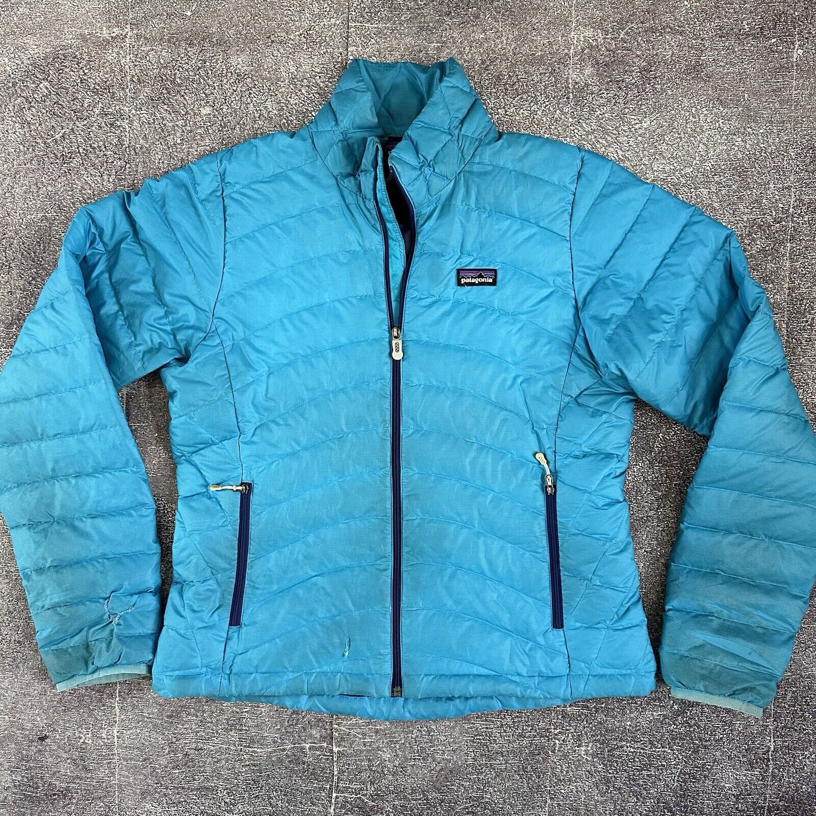 Women's Patagonia Teal Blue Purple Down Sweater Full Zip Up Puffer Jacket Sz M