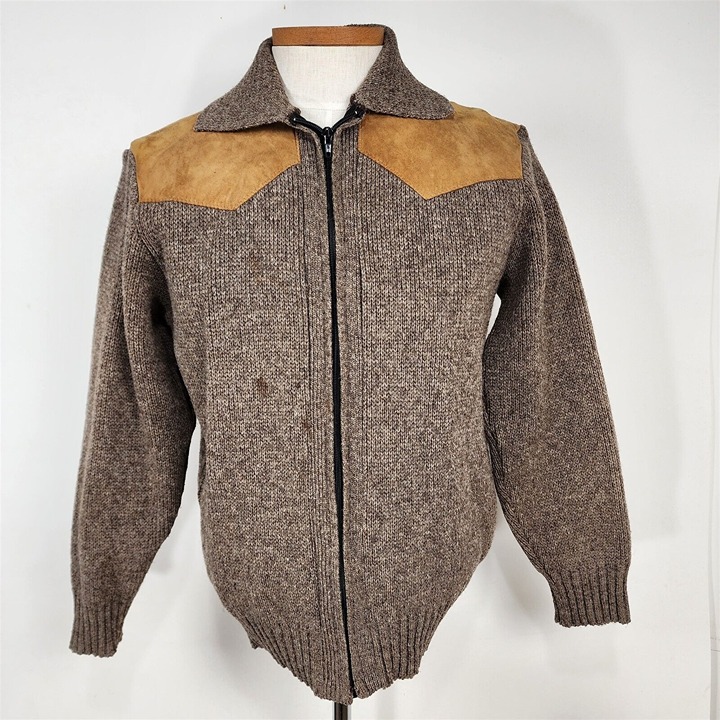 Vintage Kotare Wool Knit Zip Front Sweater Suede Elbow Patch Size 42