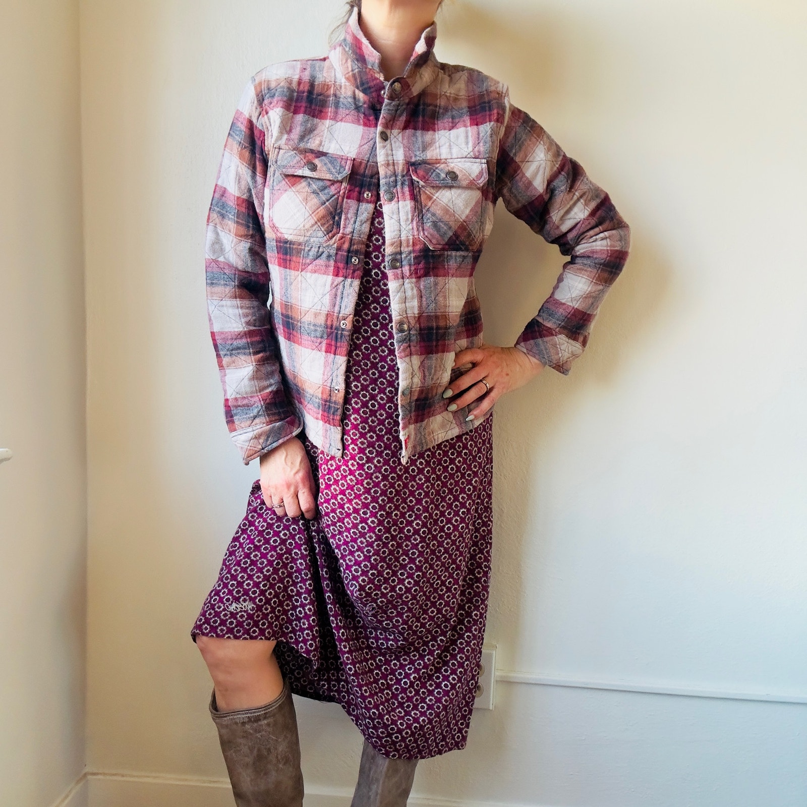 Dickies Girl Quilted Flannel Med Workwear Insulated Snap Front Shacket in Auburn