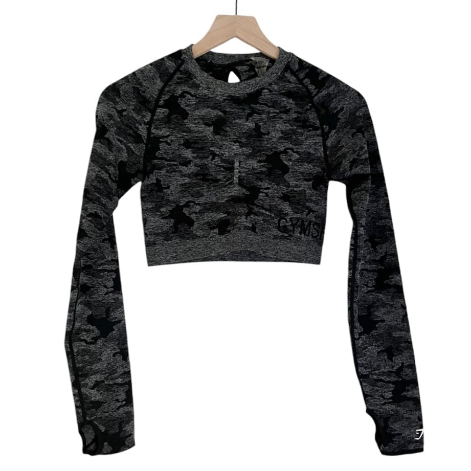 Gymshark Women’s Adapt Camo Seamless Long Sleeve Crop Top Grey Black Medium