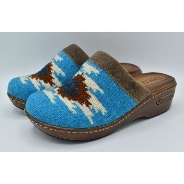 Born Womens Size 7 Bandy Blanket Taupe Turquoise Slip On Clogs Mules Shoes