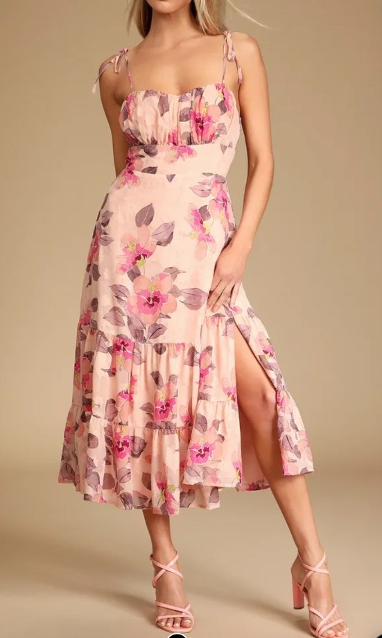New Lulu Chic Pink Floral Babydoll Tie-Strap Tiered Midi Dress XL Boho Milkmaid