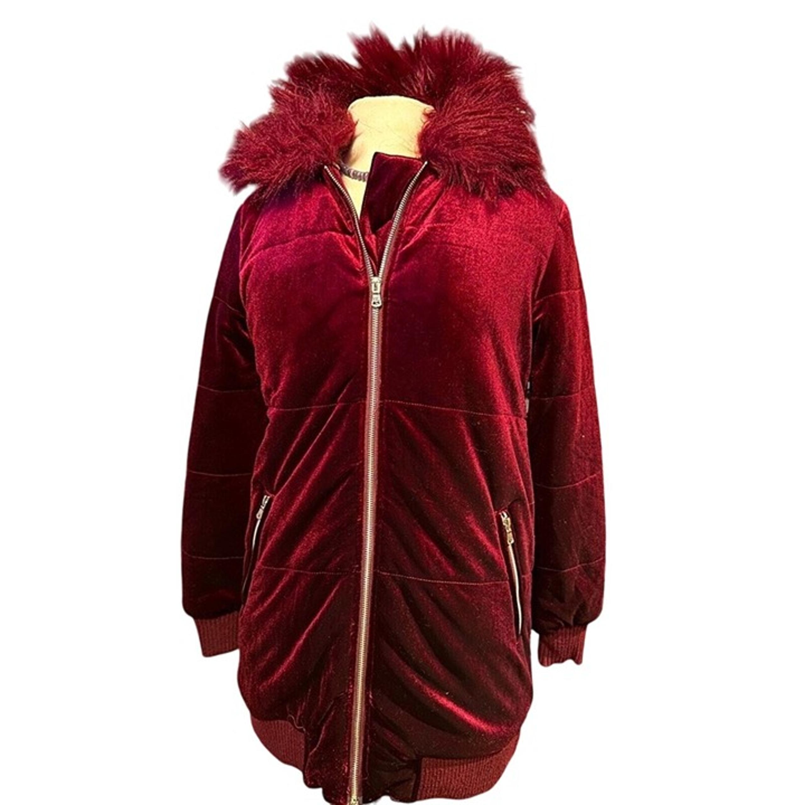 Romeo & Juliet Couture Faux Fur Hooded Burgundy Velvet Jacket
