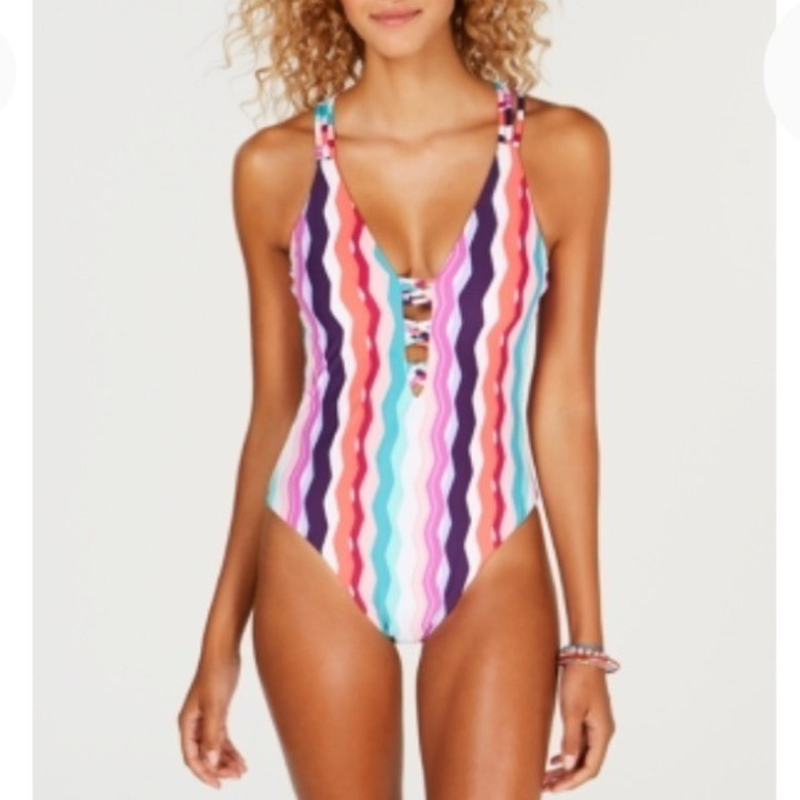 NEW Bar III Waves Strappy One Piece Bathing Suit, Size Medium, Multi Color