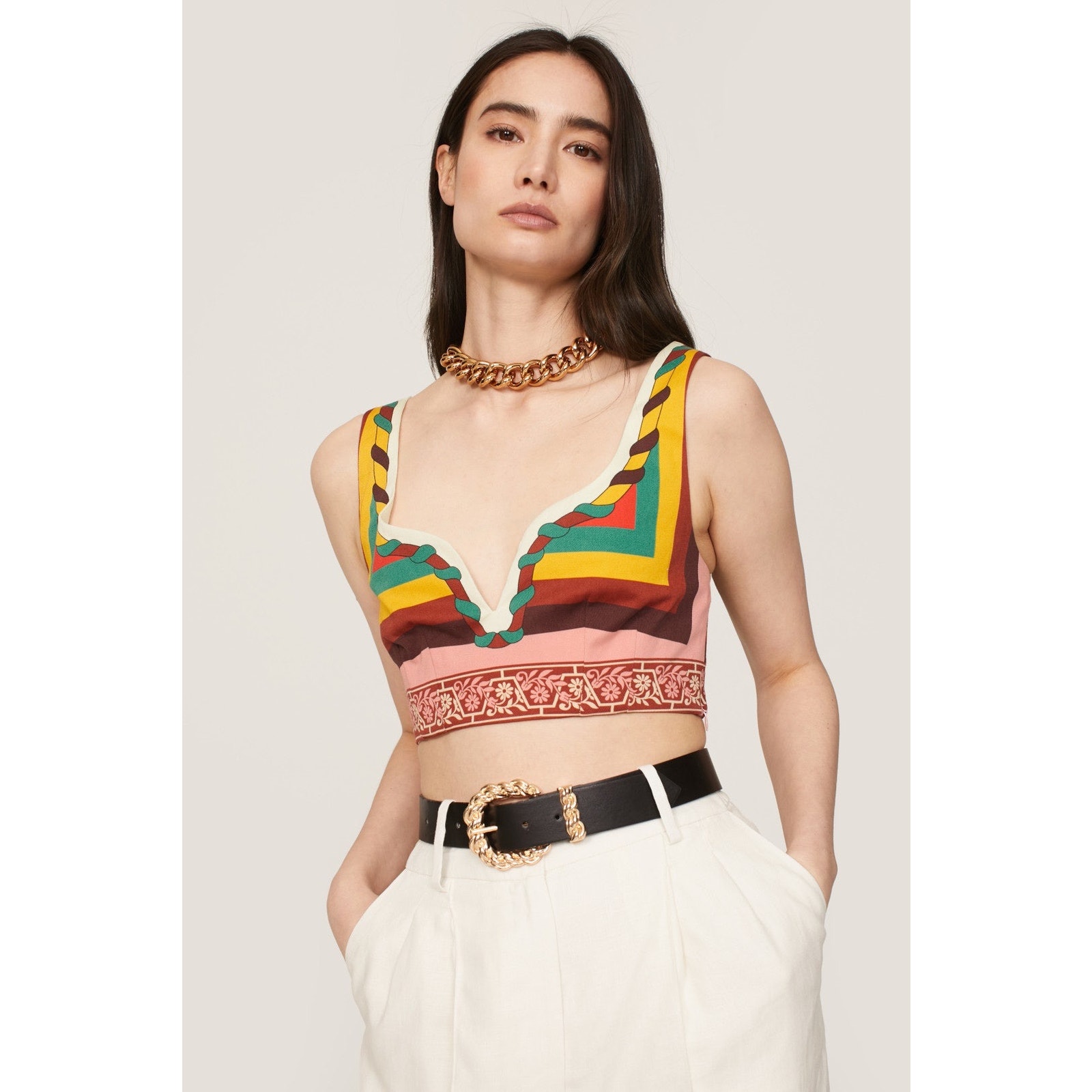LA DOUBLEJ Multicolored Striped 100% Cotton Festival Plunge Crop Top Size XS