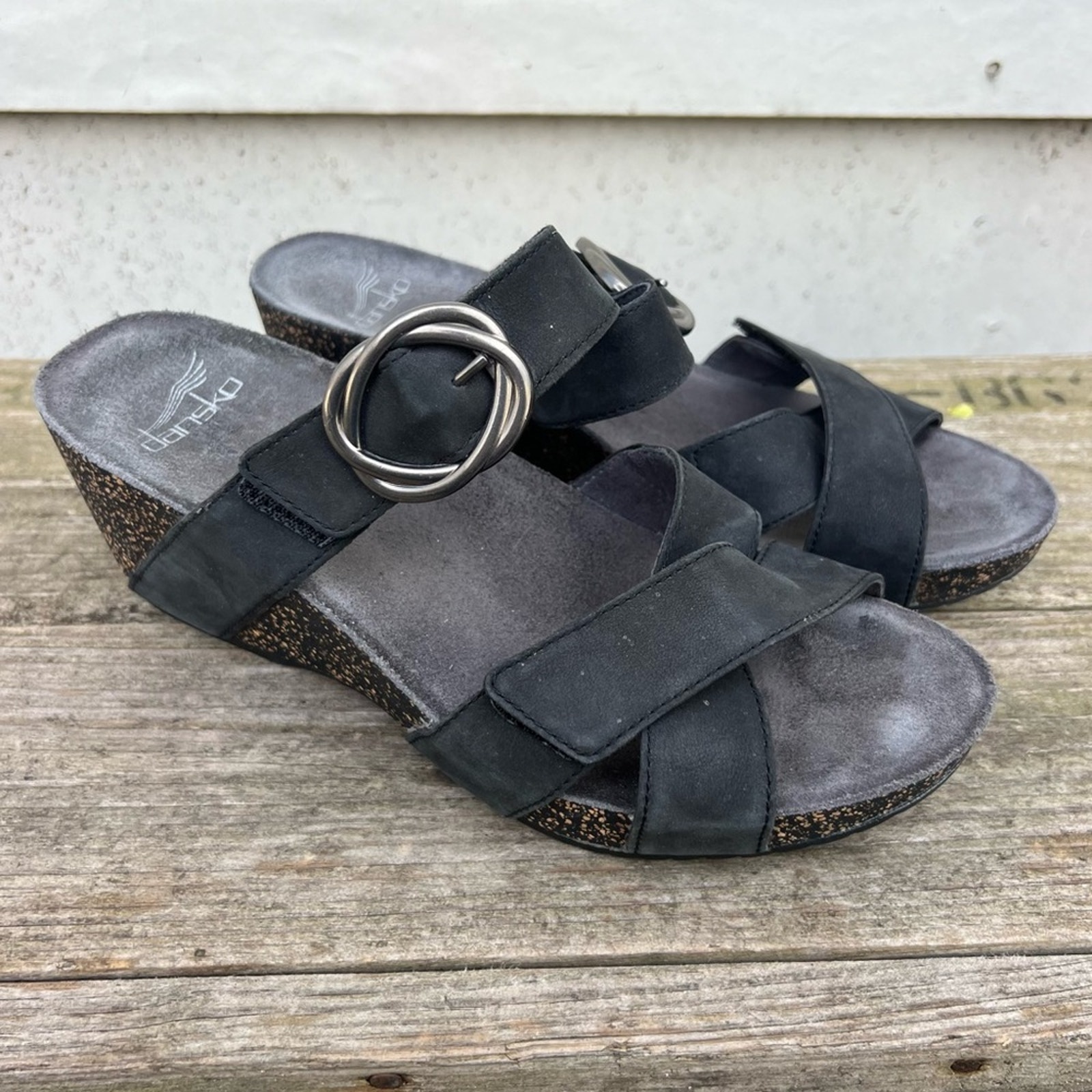 Dansko Susie Black Wedge Nubuck Leather Slide Sandals Size 36