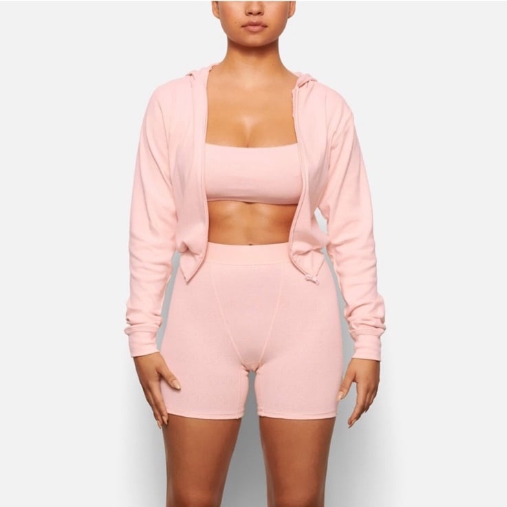 NWT SKIMS LOGO POINTELLE ZIP HOODIE | QUARTZ