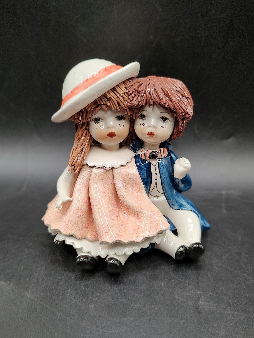 Vtg Zampiva Signed Handmade Spaghetti Hair Boy And Girl Figurine