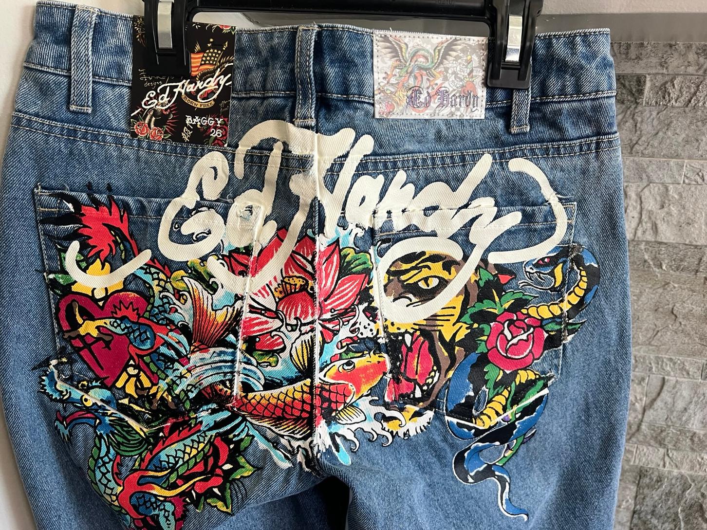Ed Hardy Women's Multi Tattoo Print Denim Baggy Jeans Size 26 Light Wash NEW!