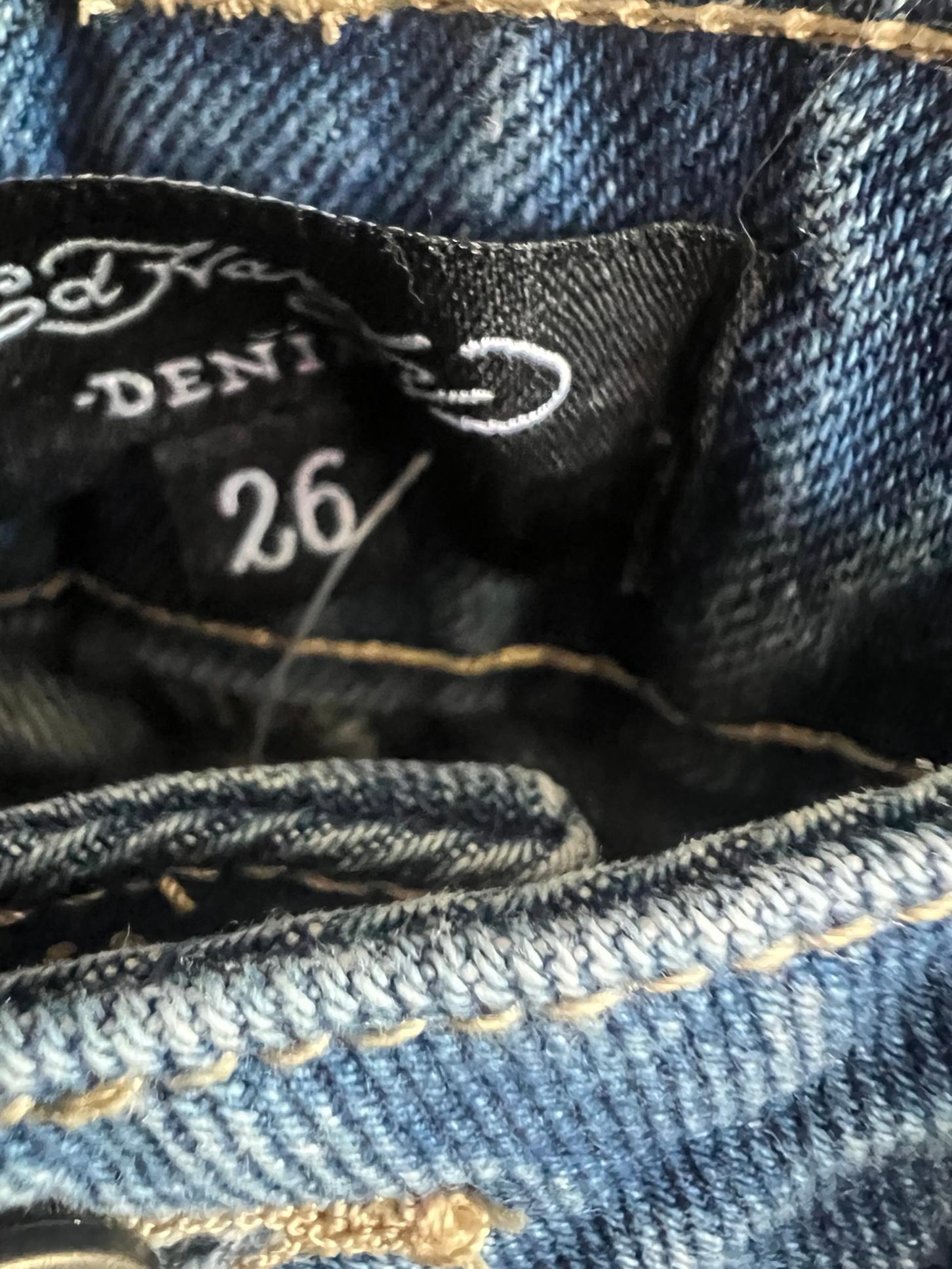 Ed Hardy Women's Multi Tattoo Print Denim Baggy Jeans Size 26 Light Wash NEW!