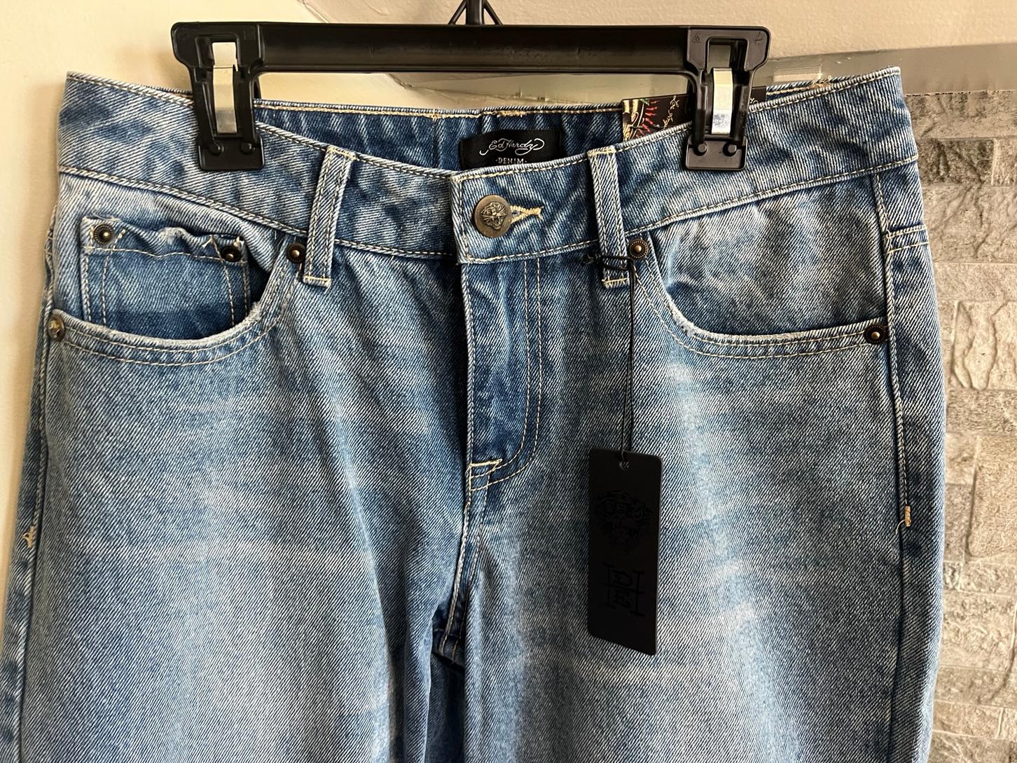 Ed Hardy Women's Multi Tattoo Print Denim Baggy Jeans Size 26 Light Wash NEW!