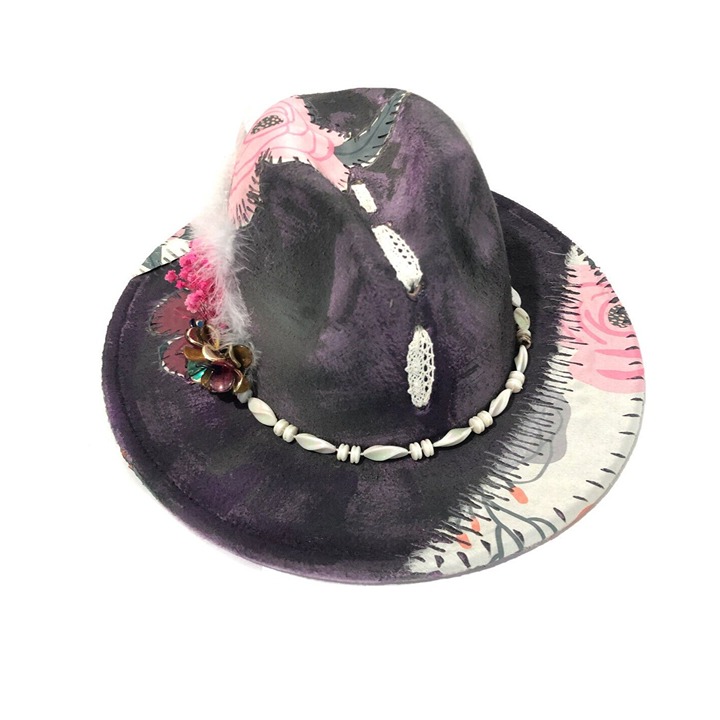 Tazzle’s 1of1 Women’s Custom Fedora Hat-Purple Felt, Floral Cloth, Feathers Etc.