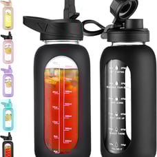 32 oz Glass Water Bottle with Straw and Handle Large Sports Black