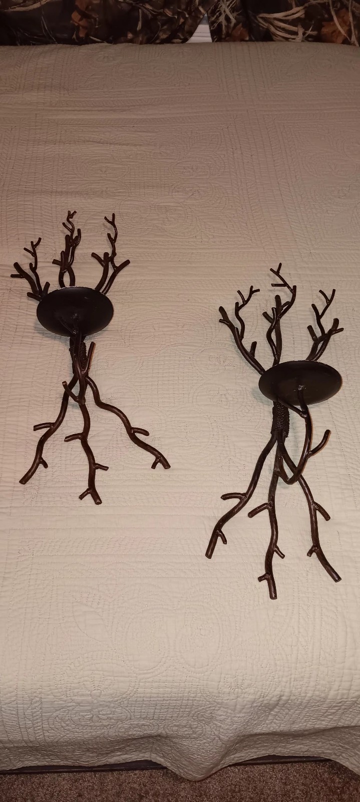 Pair of Cast Iron Tree Branch Wall Mount Pillar Candle Sconce Holders