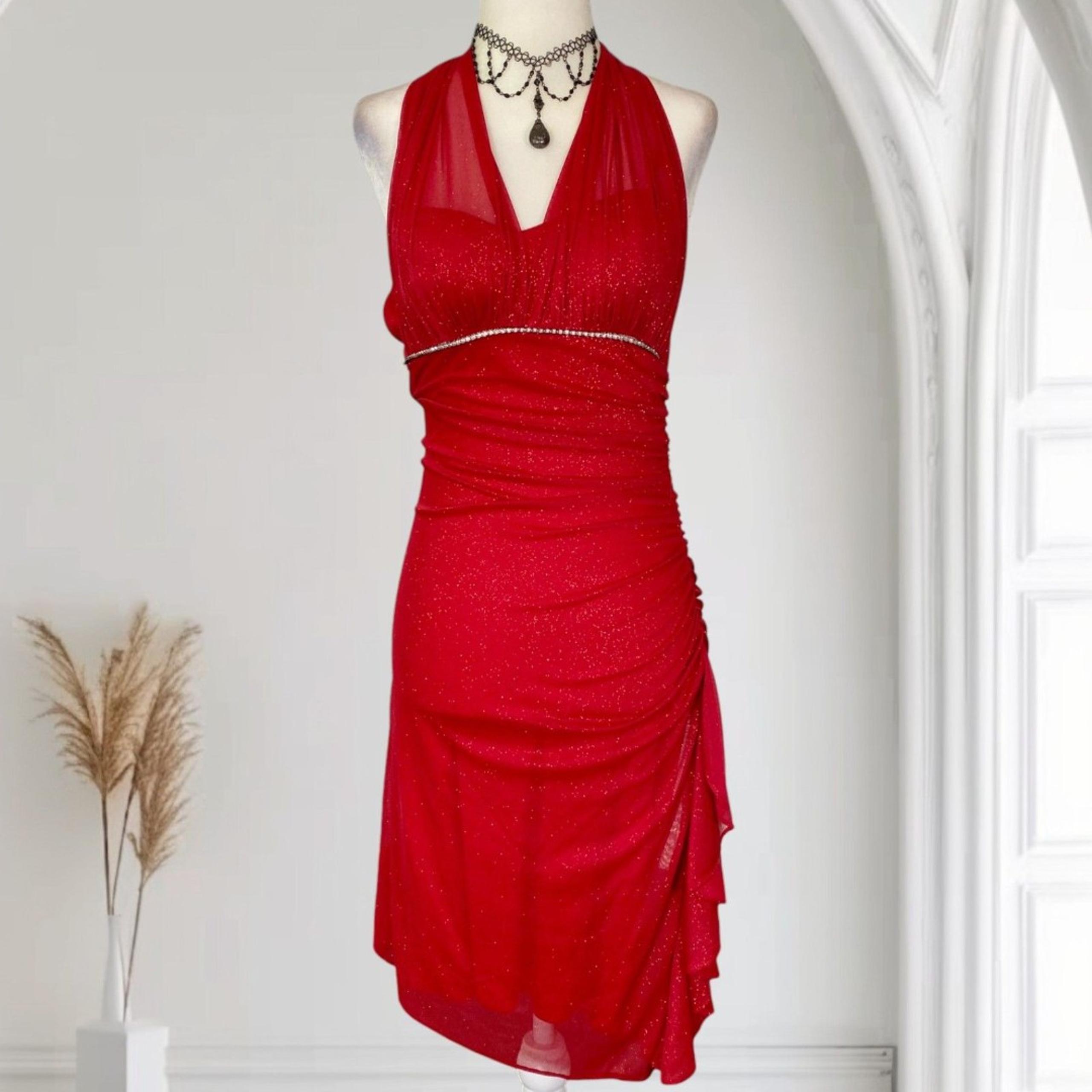 Early 2000s Vintage Vampy Bratty Slinky Red Silver Asymmetric Midi Mesh Dress XS