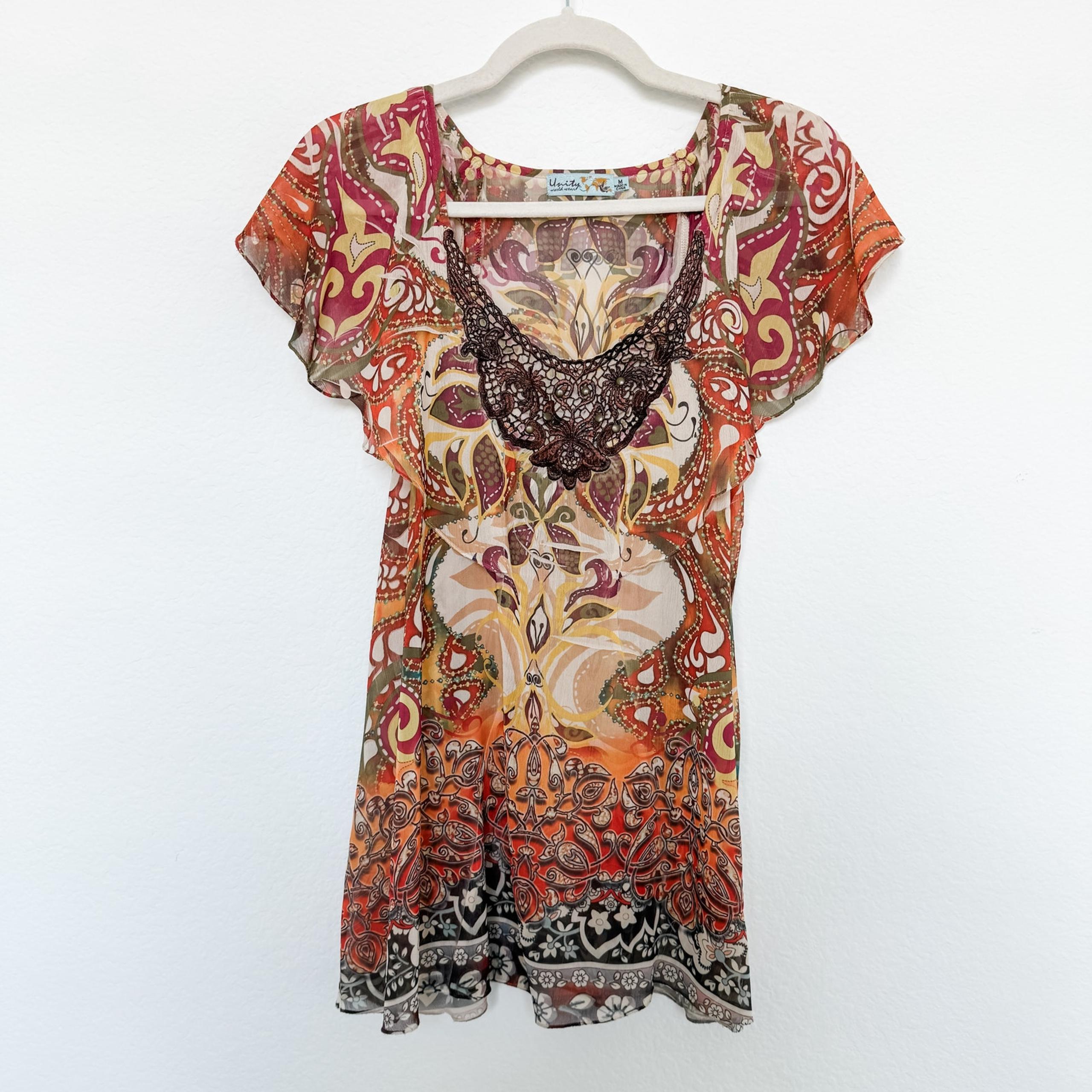 Y2K Unity Top Mesh Paisley Print Crochet Brown Orange Size M Boho Forest Fairy