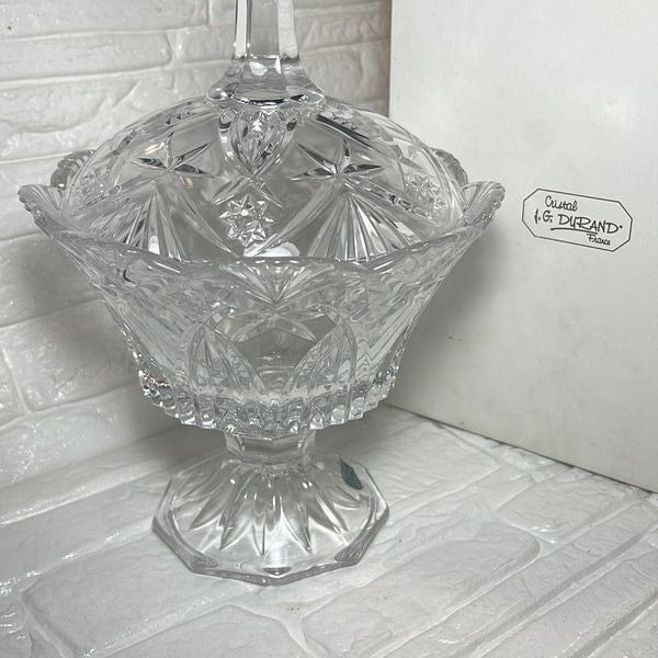 Brilliant JG Durand France Cristal Fan & Hobstar Lidded Pedestal Candy Bowl 7.5