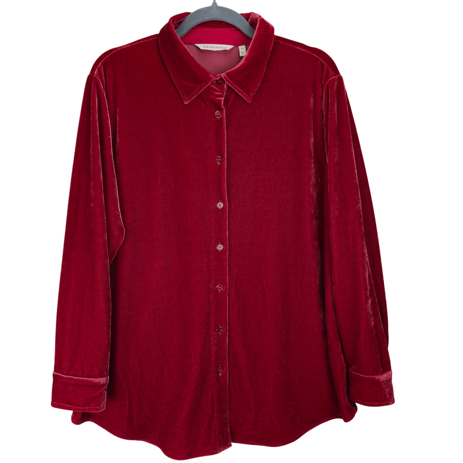 Soft Surroundings Velvet Women Button Shirt Large Petite Tunic Red Holiday Party