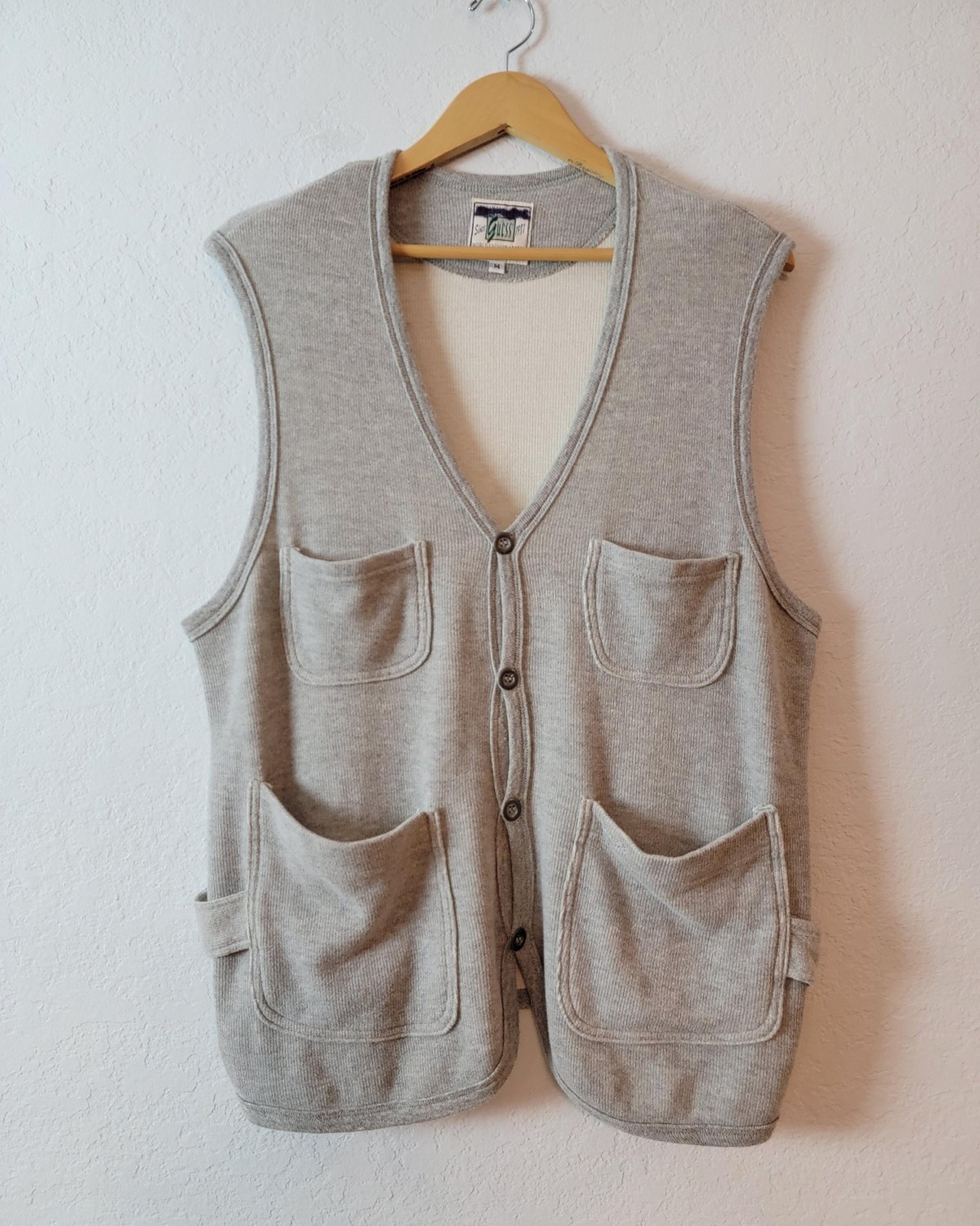 Vintage Guess 80s Grey Knit Bubble Art Script Cardigan Sweater Vest Medium
