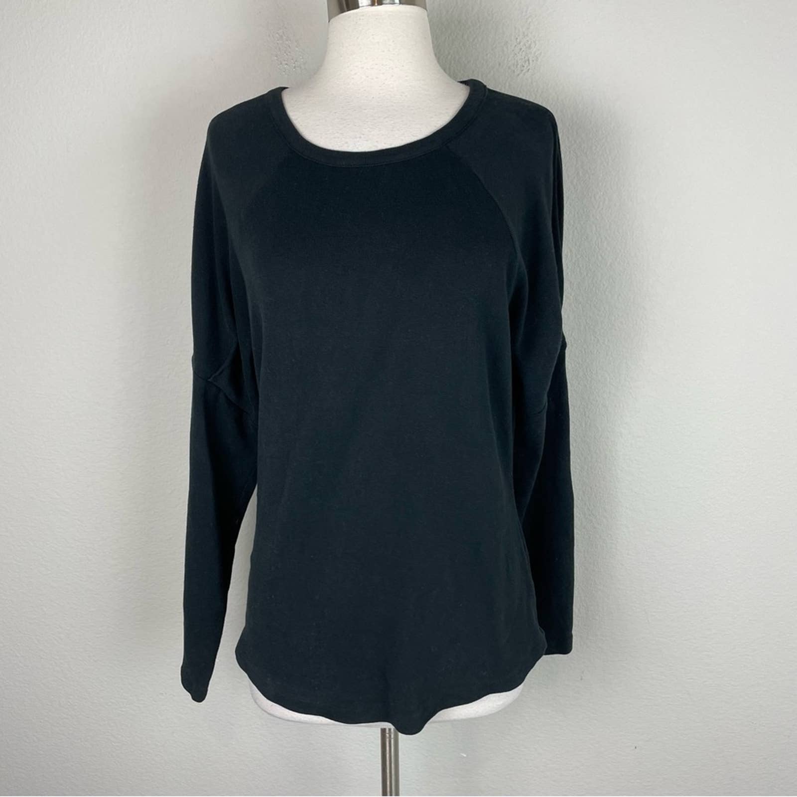 Something Navy Black Cotton Spandex Knit Puff Sleeve Top Large