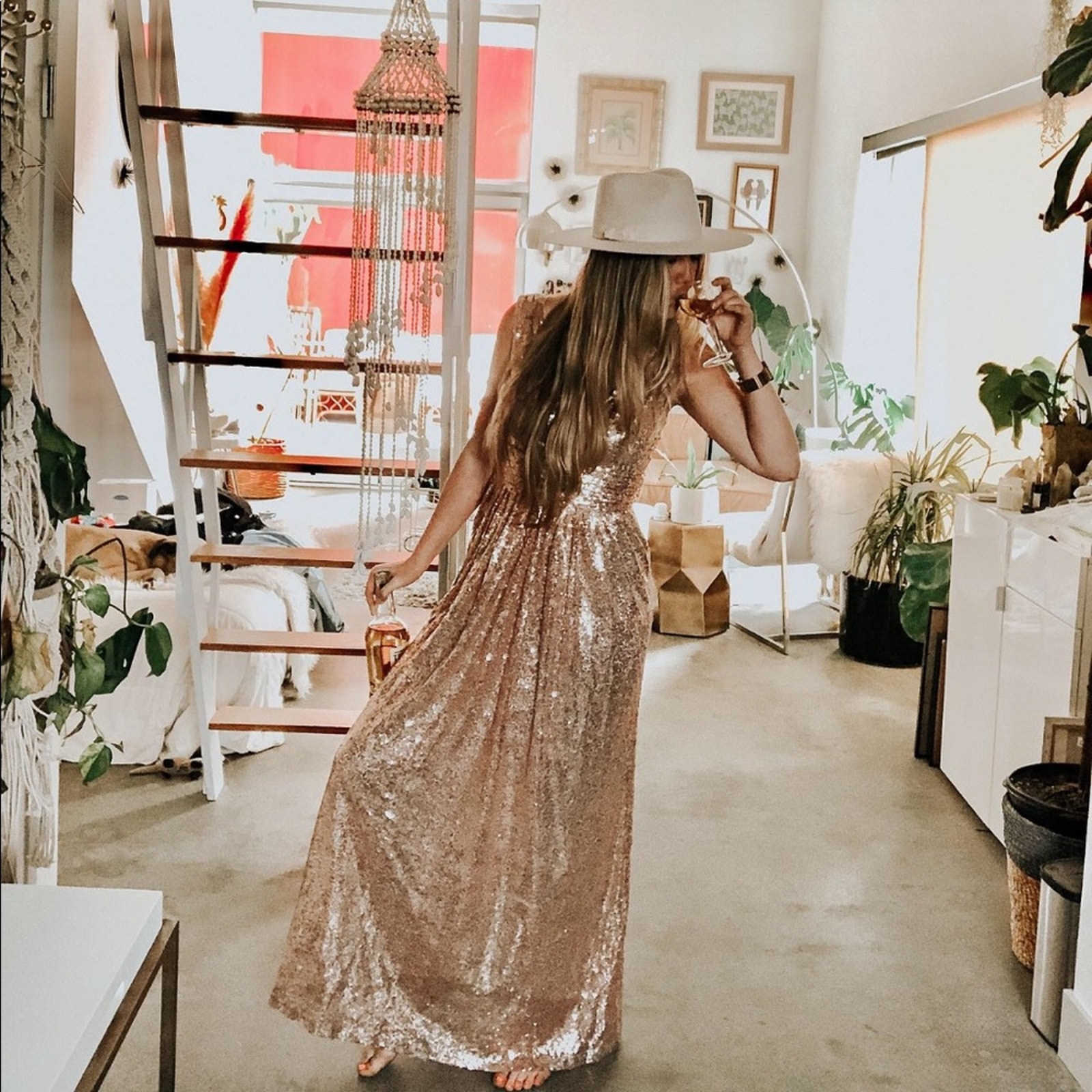NEW KATE KASIN Pink Rose Gold Champagne VNeck Sequin Sparkle Maxi Gown Dress 10