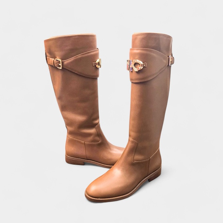 Michael Kors Izzy Tall Leather Riding Boots Luggage Tan Logo 9.5M Equestrian NWB