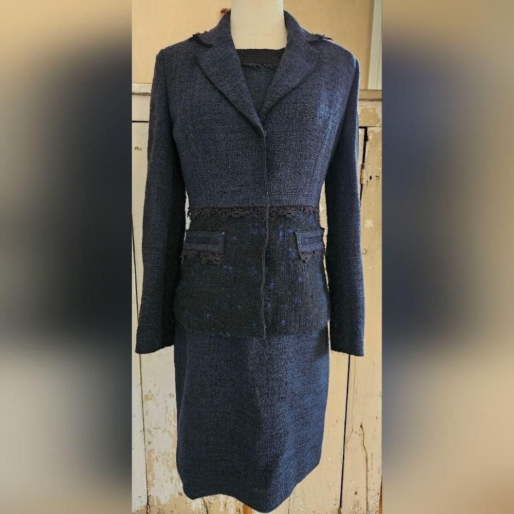 Elie Tahari Navy 2 Piece Wool Blazer Sleeveless Dress Lace Trim Set-Size 2
