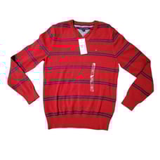 Men's Tommy Hilfiger Red and Navy Blue Stripes V-neck Long Sleeves Sweatshirt