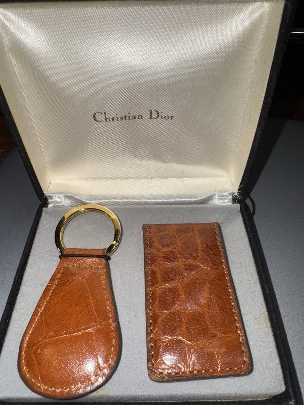 CHRISTIAN DIOR Brown Leather Key Ring Chain Money Clip Vintage COA