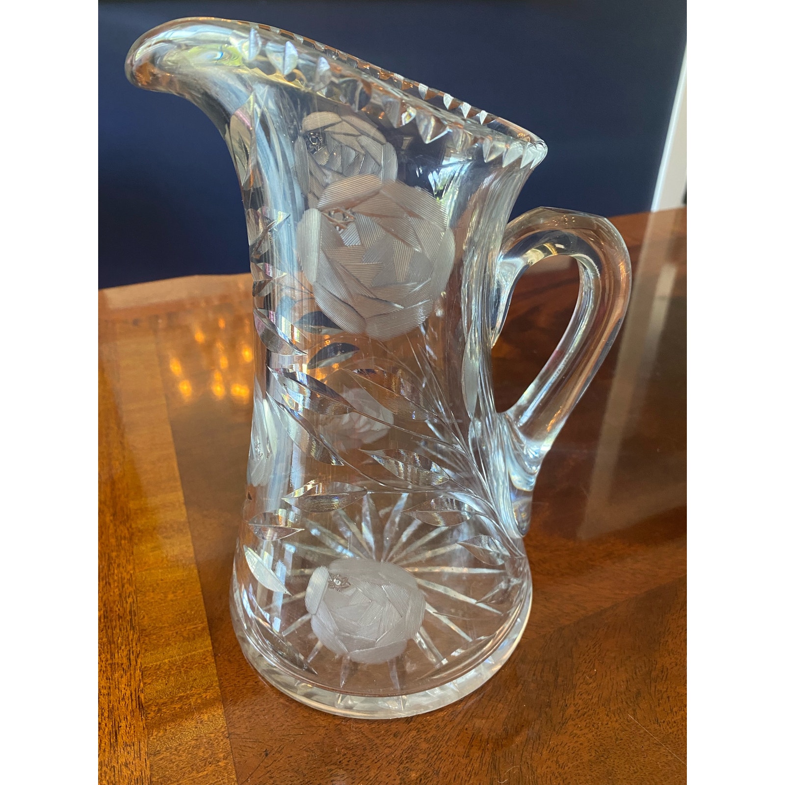 Vintage Pitcher Cut Rose Etched Star Pattern Pitcher Jug Vessel