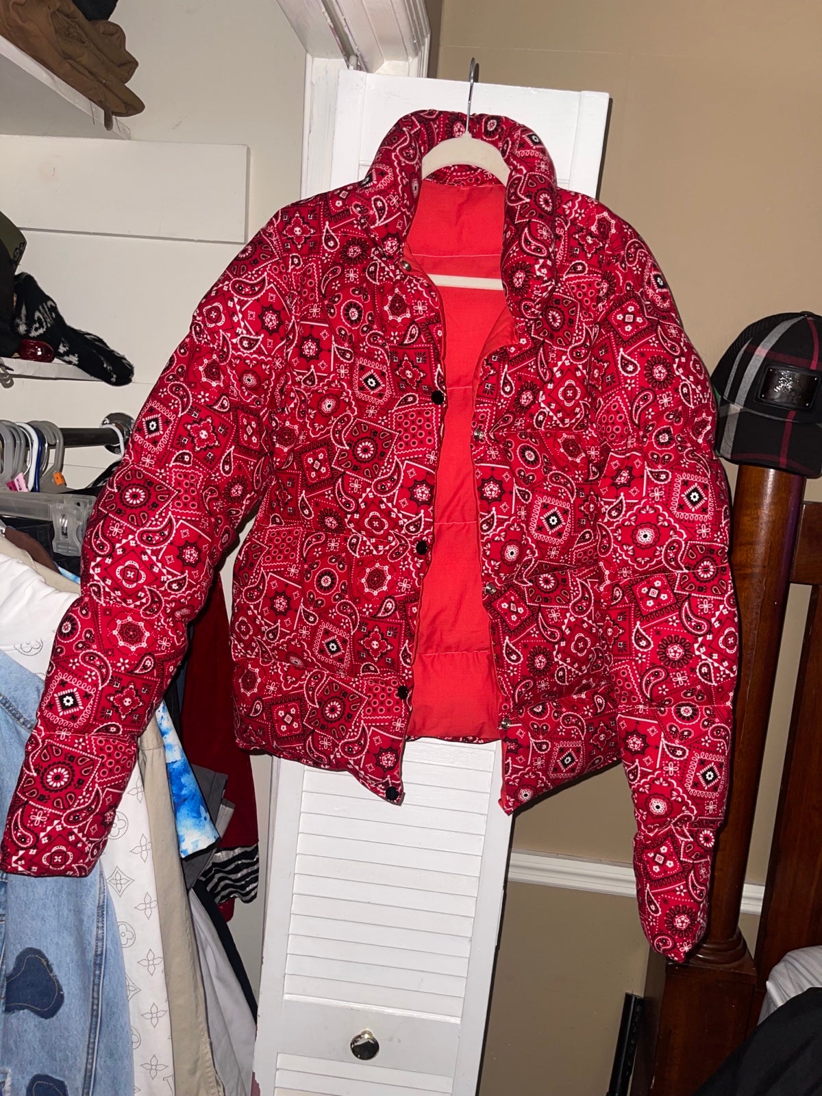 Red Bandanna Print Puffer Jacket