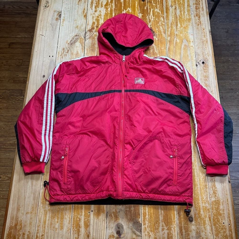 Vintage 90s Adidas Jacket Mens XLT Red Nylon Hooded Insulated Reversible
