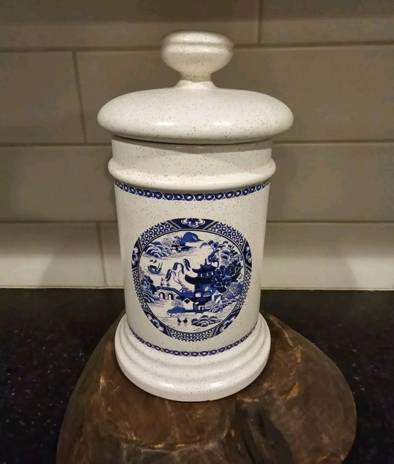 Vintage McCoy pottery blue and white 12 inch willow canister with lid