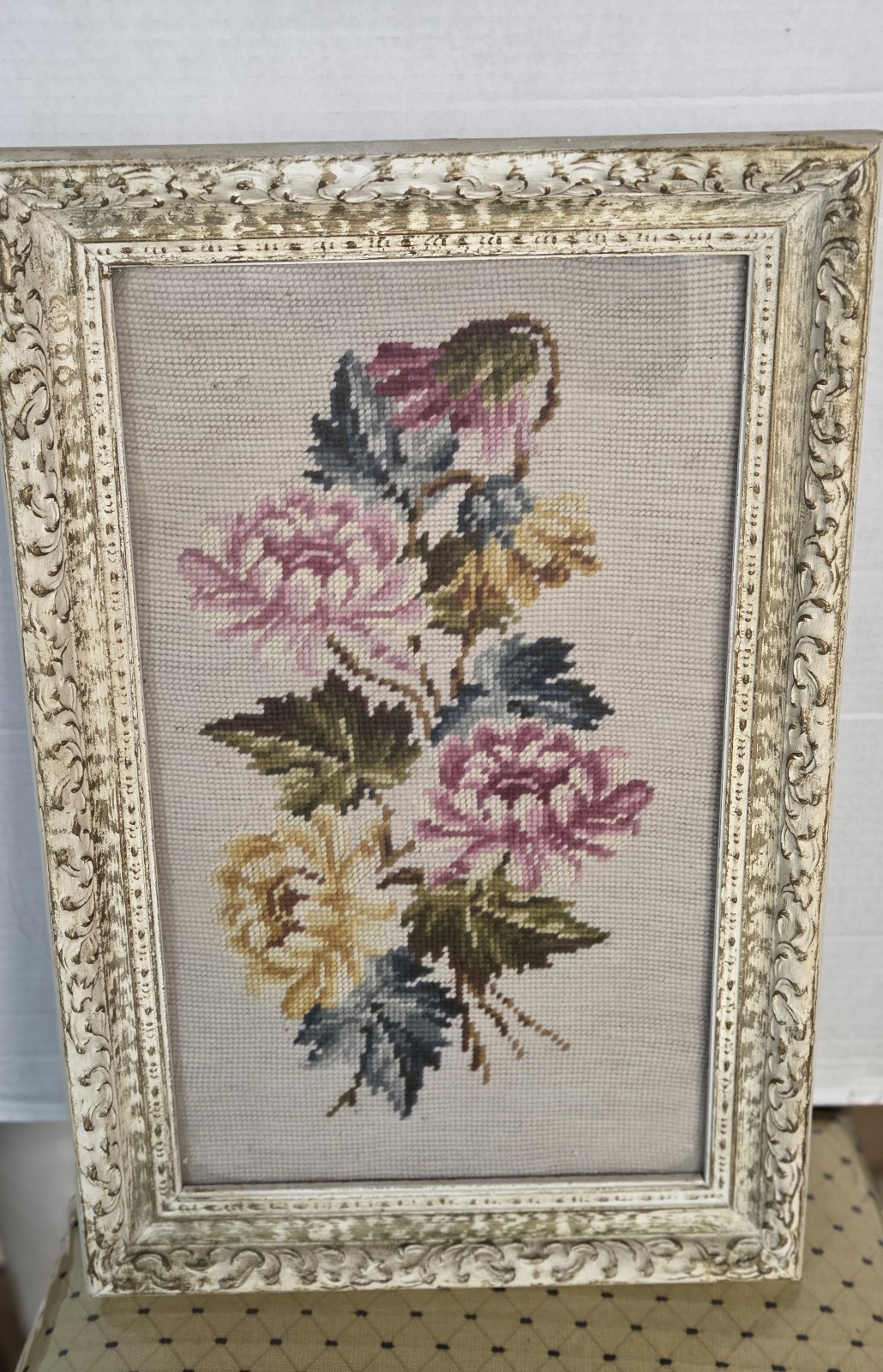 Floral Botanical Needlepoint Picture in Ornament White Gold Frame 16x20