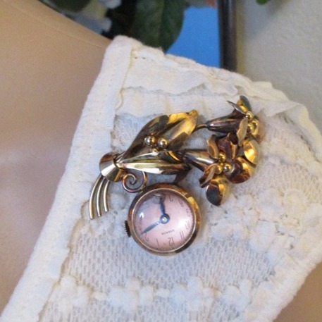 HARMAN Sterling Vermeil Mechanical Watch Brooch ~ 1930s Floral Wind Up Watch Pin