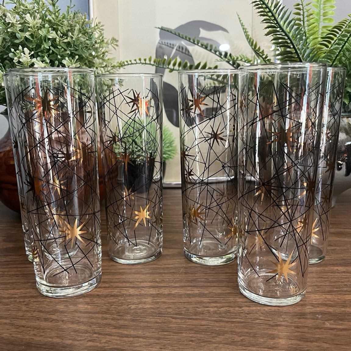 Set of 6 Vintage Mid-Century Modern Libbey Atomic Gold Starburst Collins Glasses