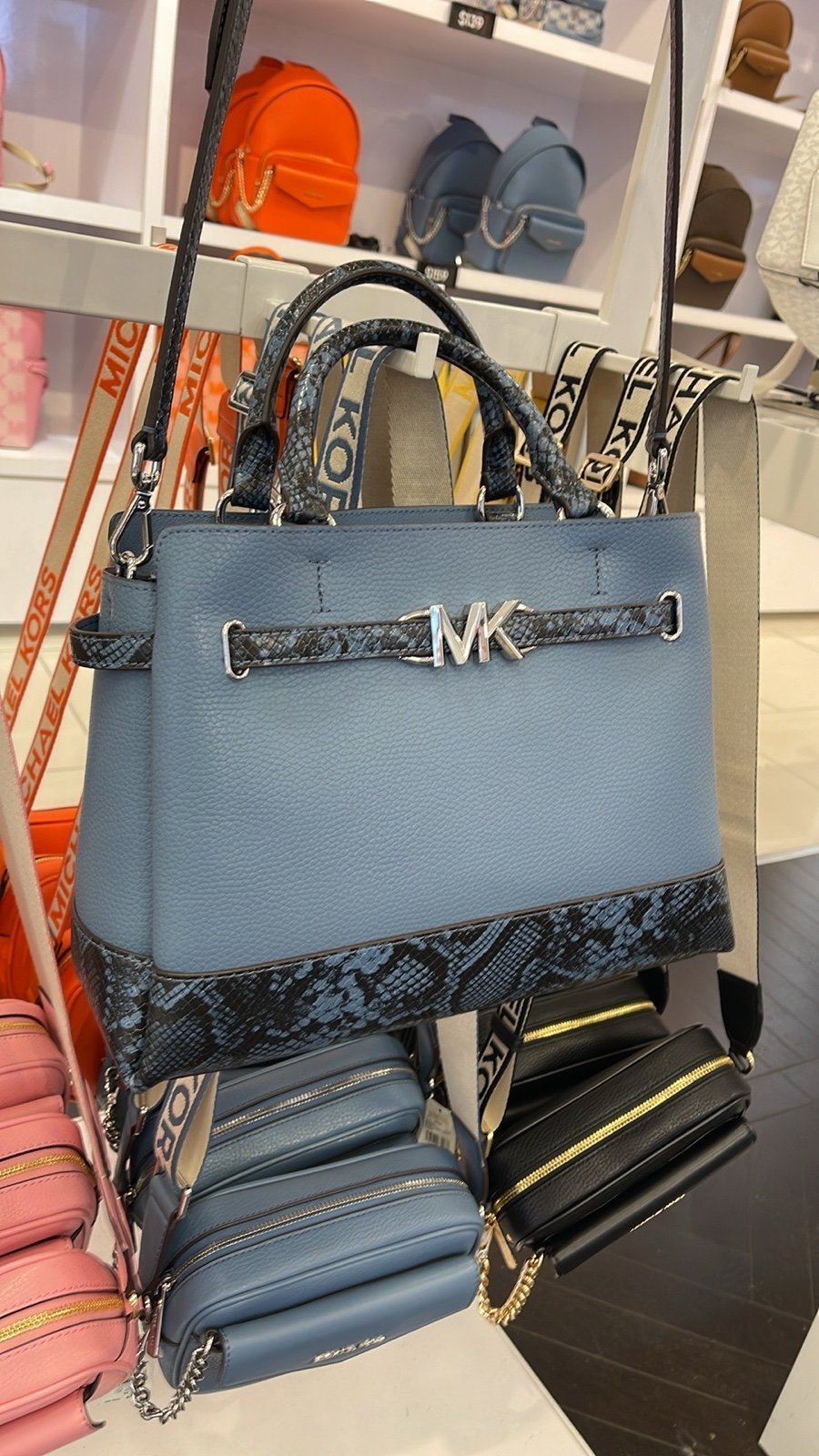 MICHAEL KORS Reed Large Leather Belted Satchel Crossbody Handbag Purse Denim NWT