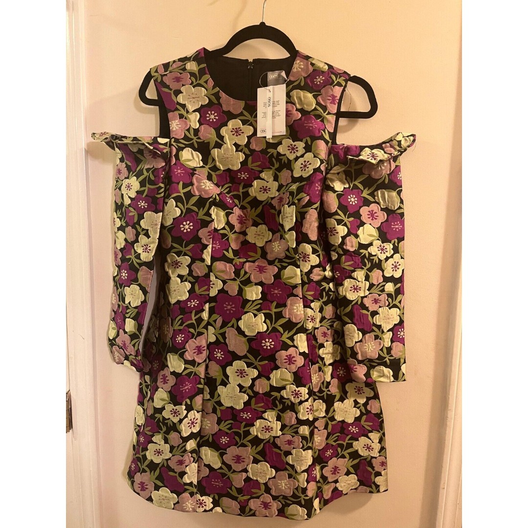 Asos Dress Women's Size 6 Multicolor Cold Shoulder Ruffle Long Sleeve Round Neck