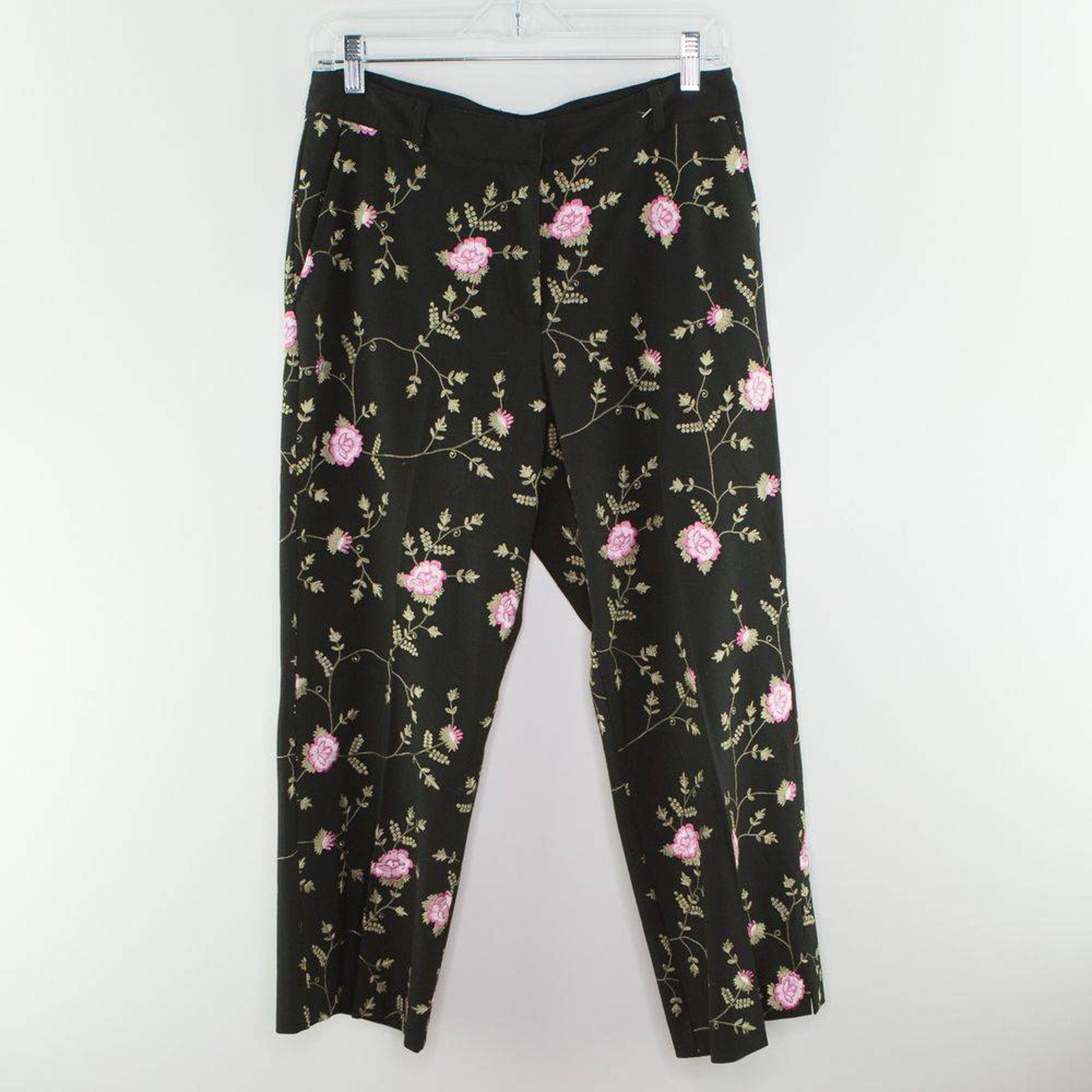 KAREN KANE Women's Black Pants Size 8 Pink Floral Embroidered Crop Ankle Stretch