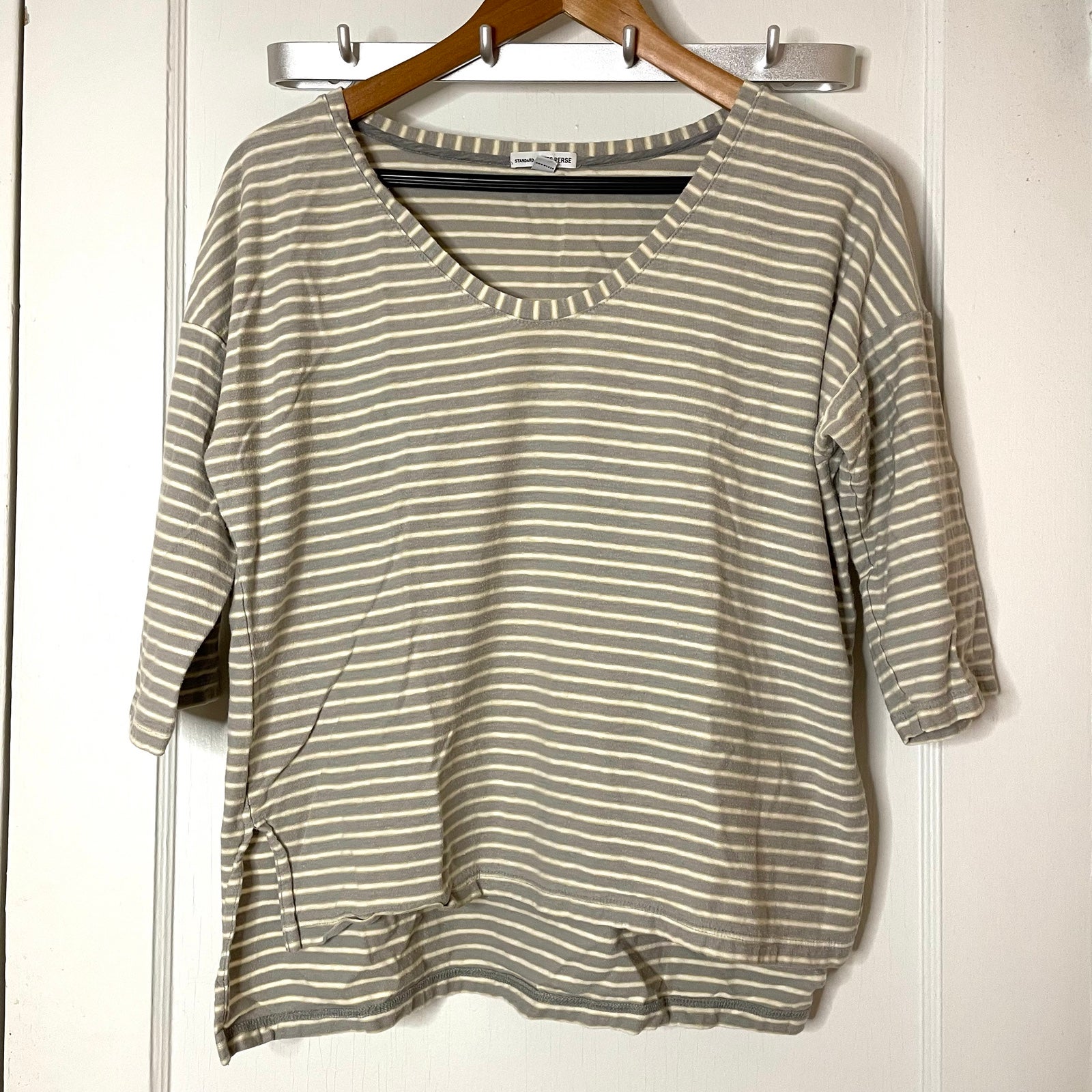 James Perse | Women’s Grey and Cream Cotton Striped Sweater (Size 3)