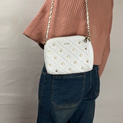 DKNY White Quilted Leather Zip Crossbody Purse / Bag