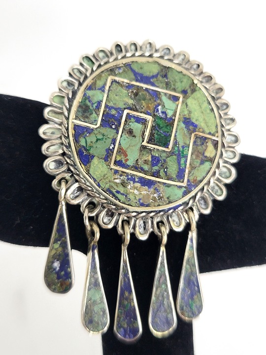 Vintage Turquoise Pendant Brooch with Teardrops 925 Sterling Silver Mexico Sign