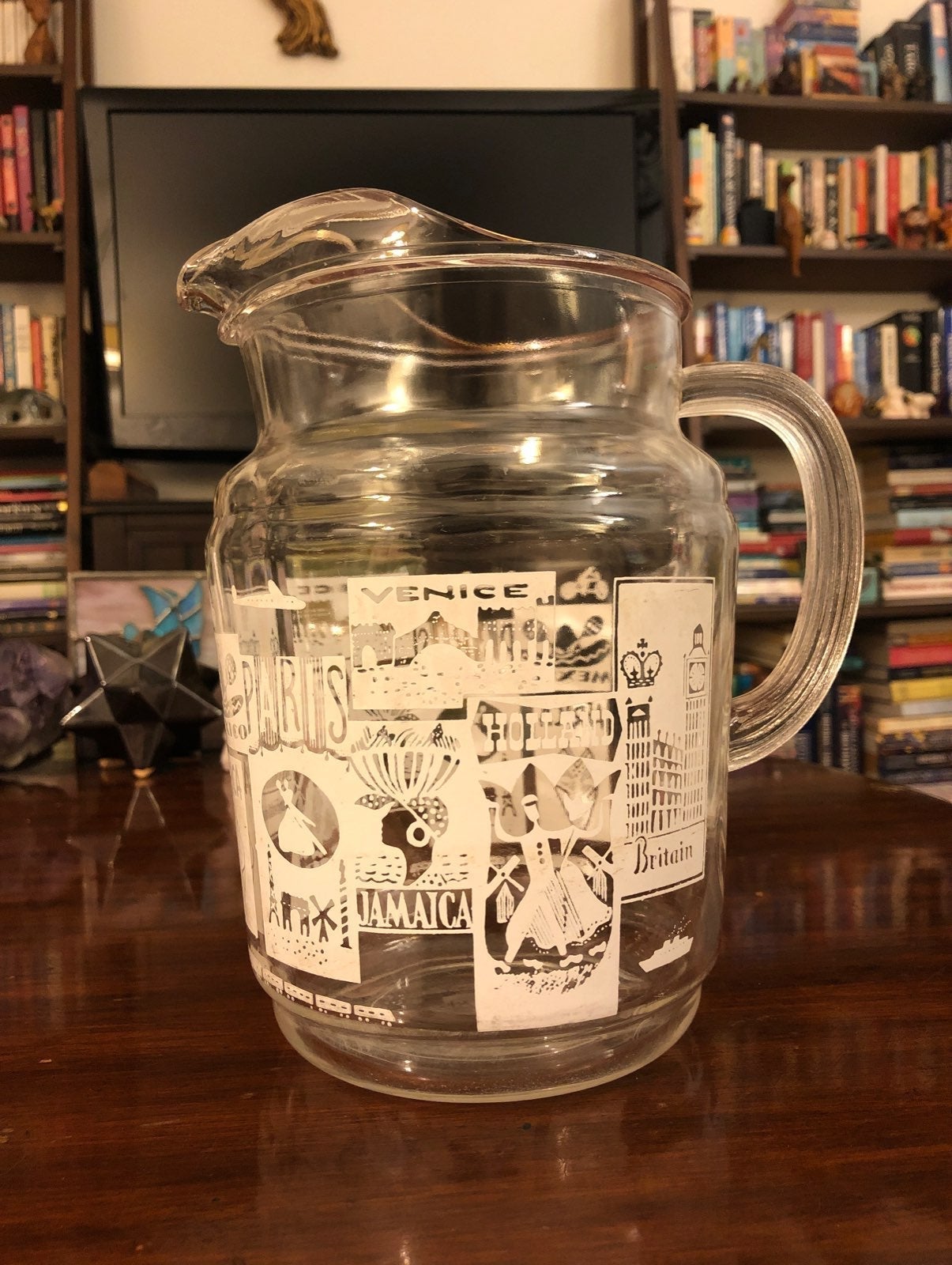 Vintage MCM Glass World Cities Pitcher