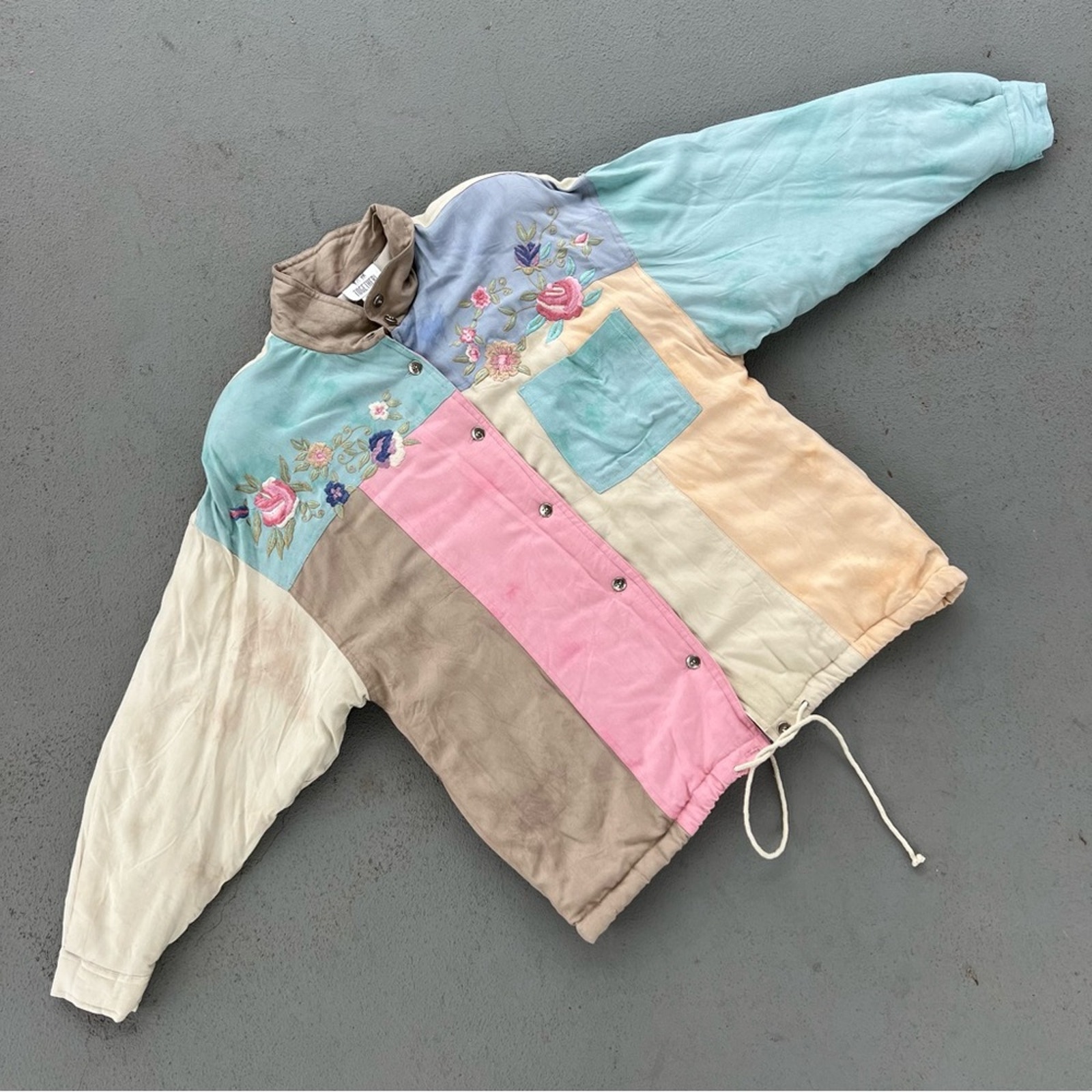 80s 90s pastel tie dye watercolor color block quilted jacket floral embroidery