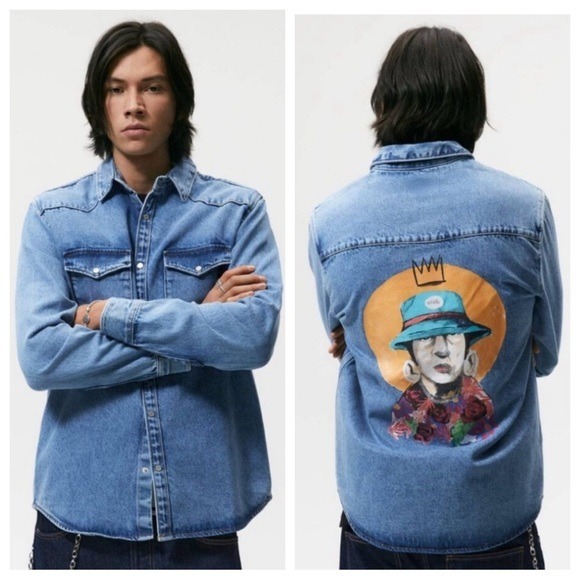NWT. Zara Man Mid-Blue Graphic Print Jean Jacket/Relaxed Fit Overshirt. Size L.