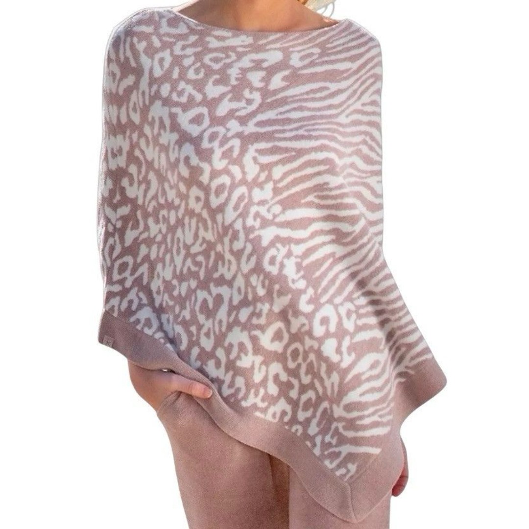 Barefoot Dreams One Size Plus CozyChic Ultra Lite Poncho Animal Print White Pink