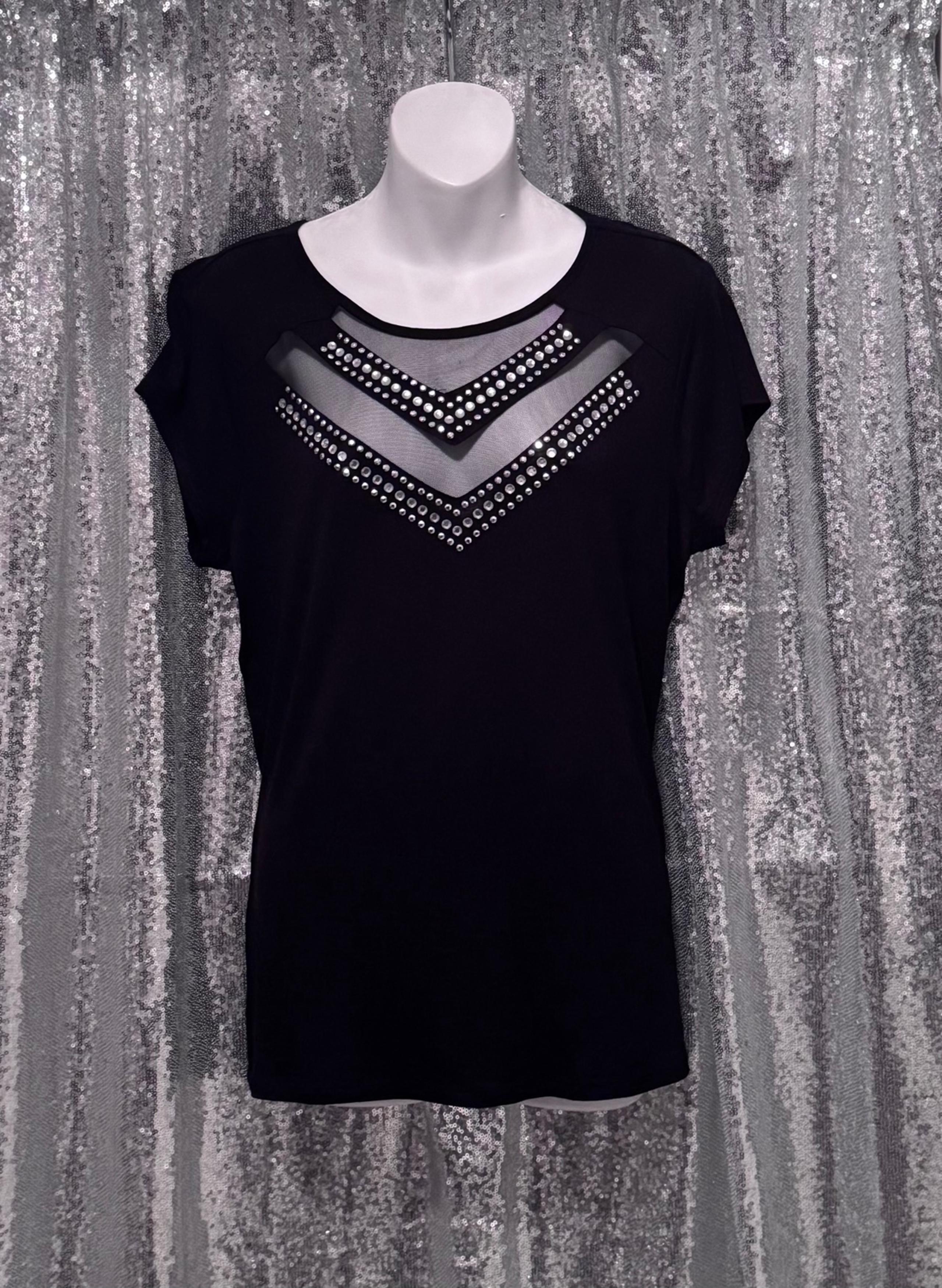 Venus Black Mesh Inset Embellished Short Sleeve Shirt Blouse Top