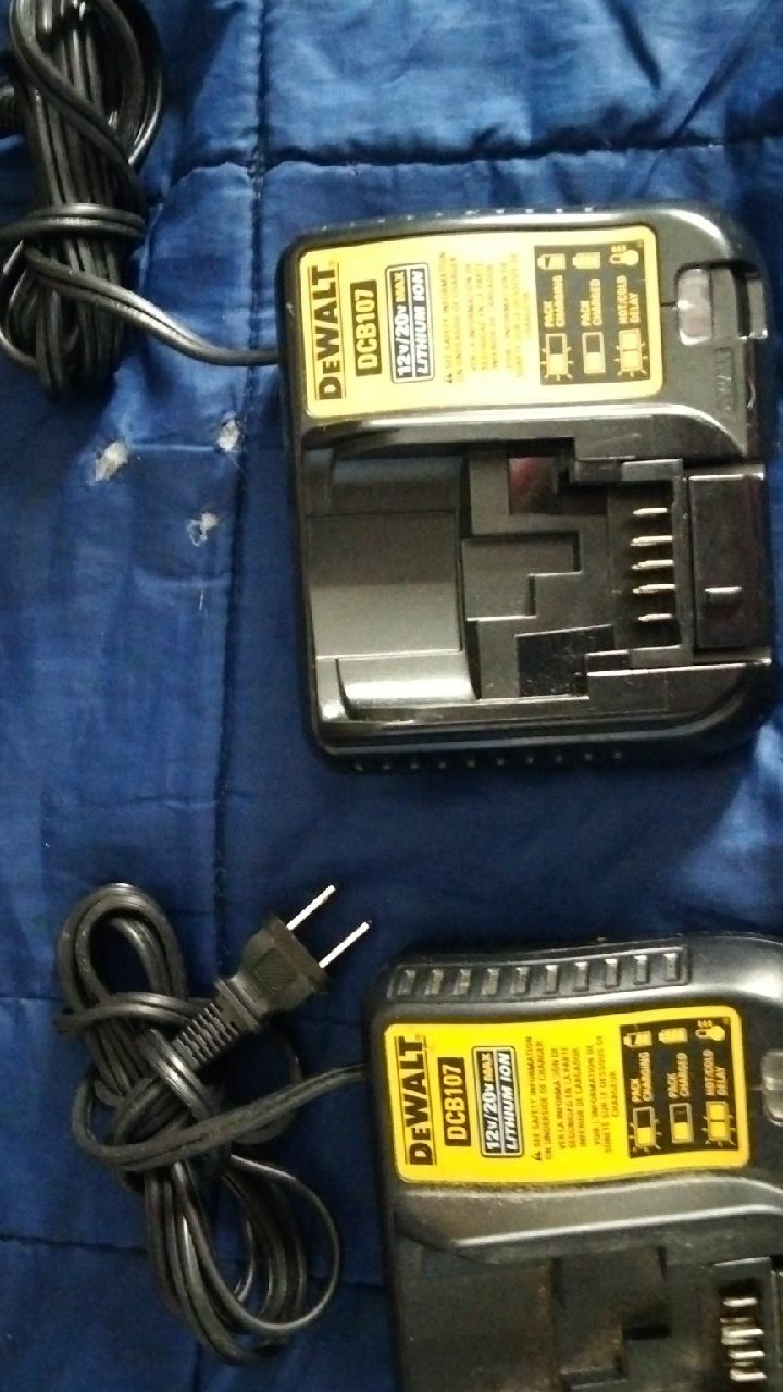 Two DeWalt DCB107 12v./20v. Max Lithium Ion Battery chargers.