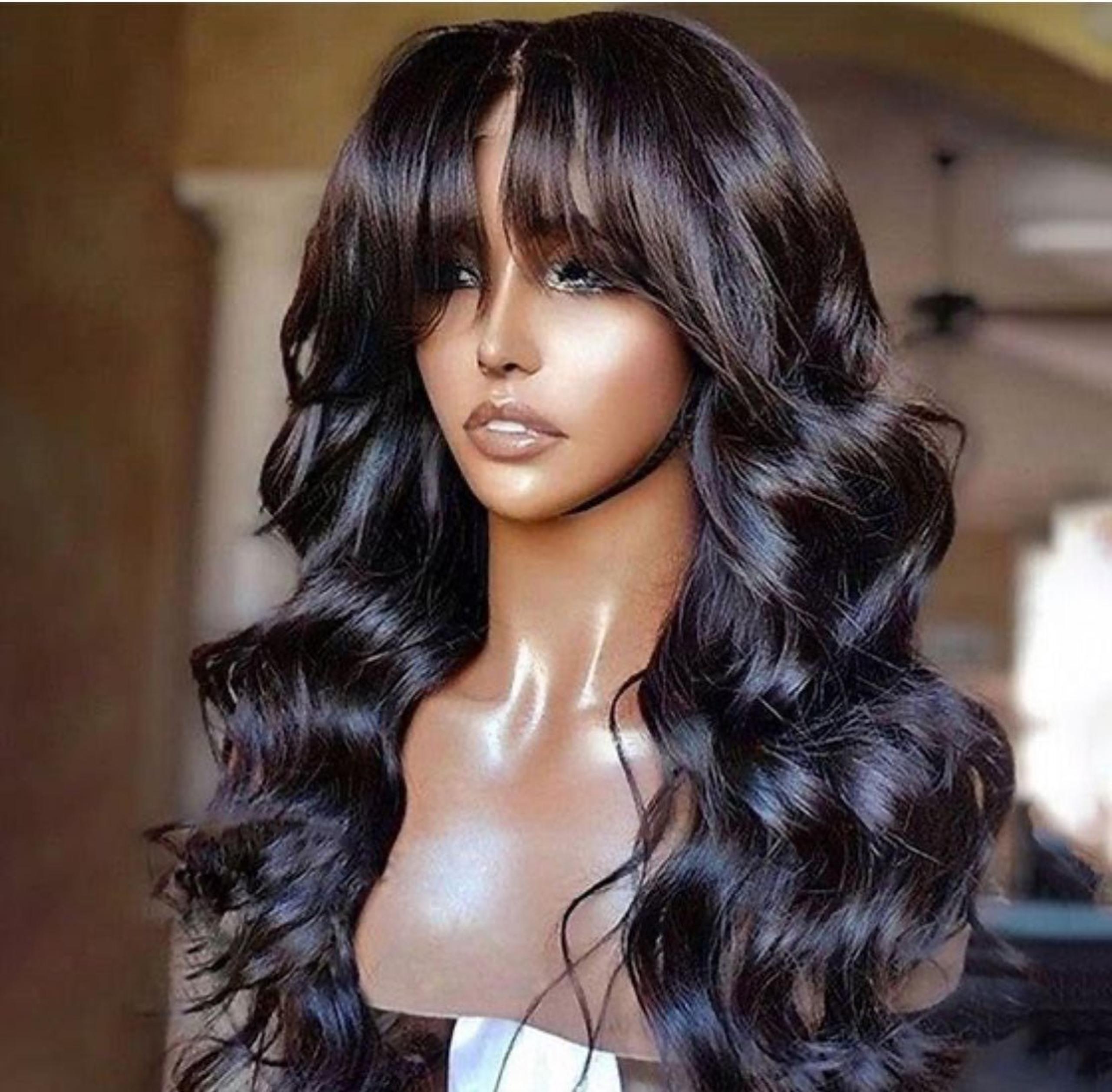 4*4 glueless lace front body wave human hair wig with bang 150% density