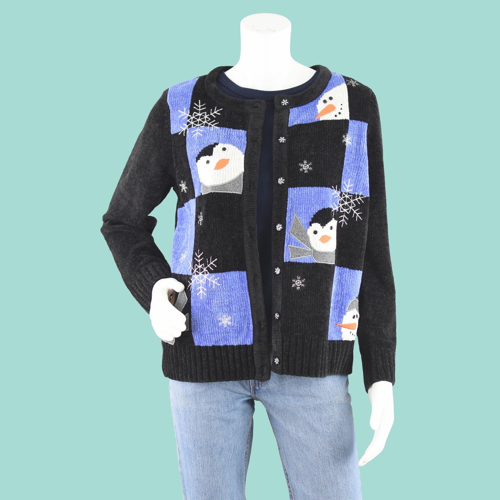 Christopher Banks Penguin & Snowmen Chenille Holiday Cardigan Women's Medium